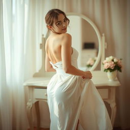 A young woman elegantly removing her dress in a soft, dreamy setting, surrounded by gentle light filtering through sheer curtains