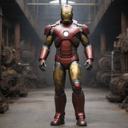A Factorypunk iteration of Iron Man's suit, embodying industrial revolution grit. The suit has heavy metallic layers, cogs and gears whirring, production line-like continuous motion, and smokestacks venting steam, all while still showcasing the iconic Iron Man helmet and chest reactor