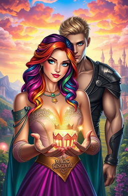 A woman with rainbow-colored hair holding the future of her Magic kingdom in her hands, with her muscular blonde lover with blue eyes standing behind her