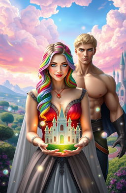 A woman with rainbow-colored hair holding the future of her Magic kingdom in her hands, with her muscular blonde lover with blue eyes standing behind her