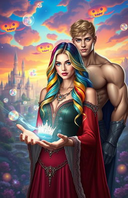 A woman with rainbow-colored hair holding the future of her Magic kingdom in her hands, with her muscular blonde lover with blue eyes standing behind her