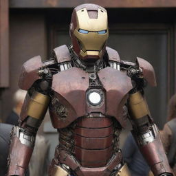 A Factorypunk iteration of Iron Man's suit, embodying industrial revolution grit. The suit has heavy metallic layers, cogs and gears whirring, production line-like continuous motion, and smokestacks venting steam, all while still showcasing the iconic Iron Man helmet and chest reactor