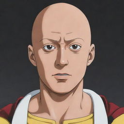 Draw a detailed image of the anime character Saitama from One Punch Man, in his standard outfit, with a neutral expression and his characteristic bald head.