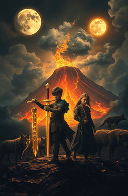 In a dark and brutal medieval landscape, under a sky adorned with two glowing moons, a dramatic scene unfolds