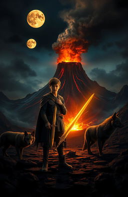 In a dark and brutal medieval landscape, under a sky adorned with two glowing moons, a dramatic scene unfolds