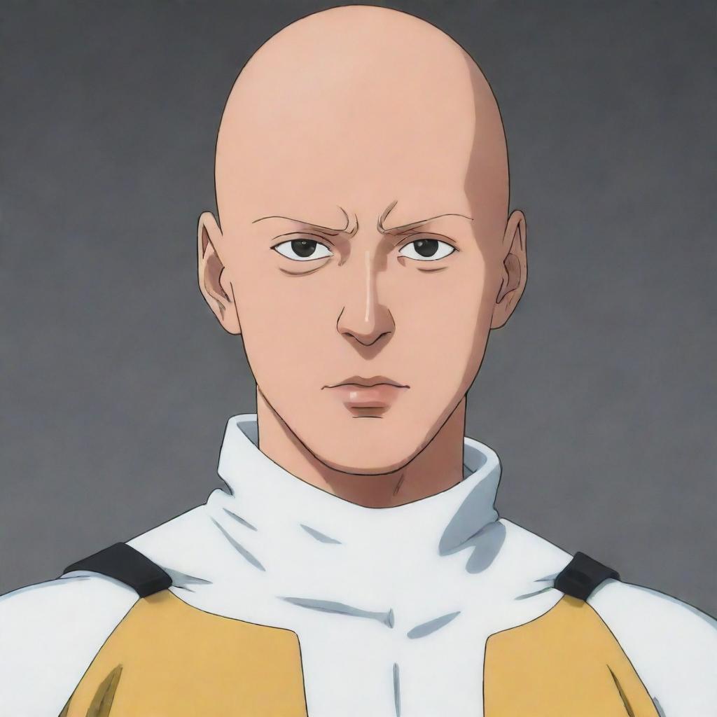 Draw a detailed image of the anime character Saitama from One Punch Man, in his standard outfit, with a neutral expression and his characteristic bald head.