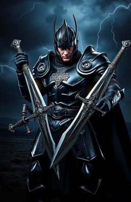 A powerful dark knight clad in gleaming black armor, standing heroically in a dramatic pose