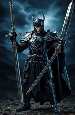 A powerful dark knight clad in gleaming black armor, standing heroically in a dramatic pose