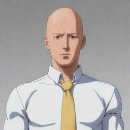 Draw a detailed image of the anime character Saitama from One Punch Man, in his standard outfit, with a neutral expression and his characteristic bald head.