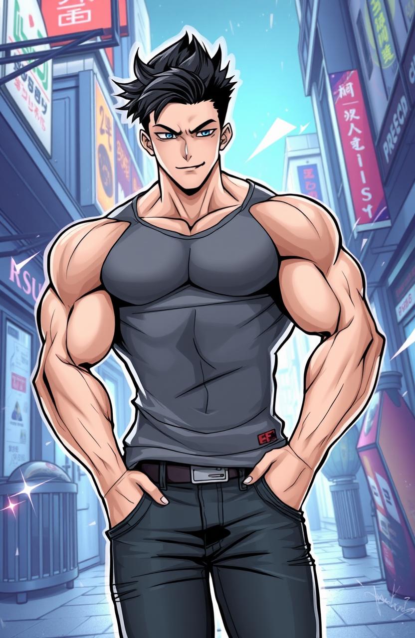 A stylish manhwa illustration featuring a handsome and strong young man with defined muscles and a confident expression