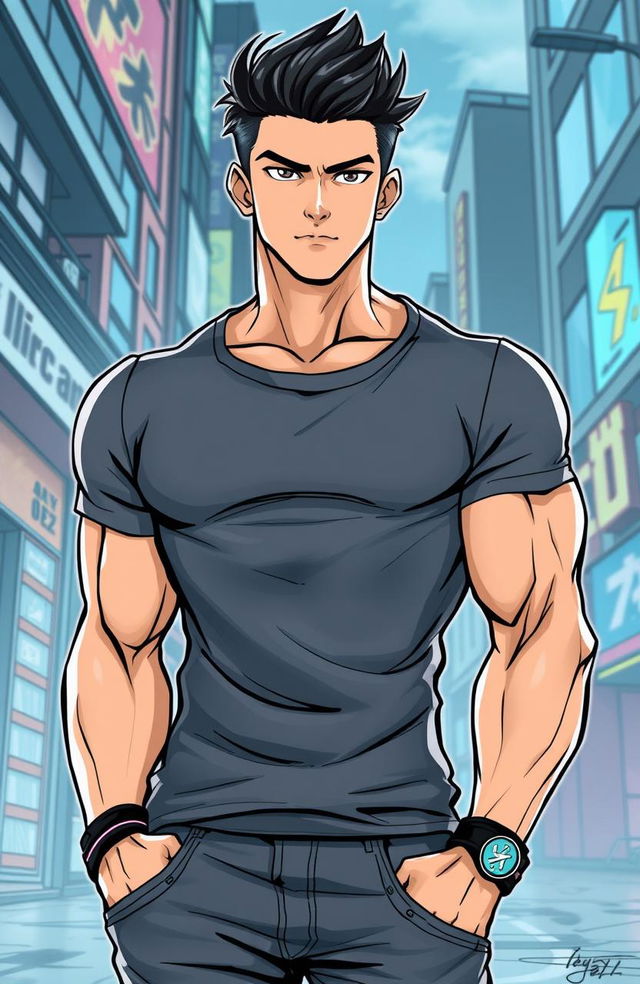 A stylish manhwa illustration featuring a handsome and strong young man with defined muscles and a confident expression