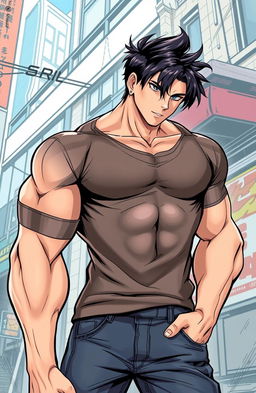 A stylish manhwa illustration featuring a handsome and strong young man with defined muscles and a confident expression
