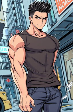 A stylish manhwa illustration featuring a handsome and strong young man with defined muscles and a confident expression