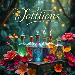 A vibrant fantasy book cover featuring an assortment of magical potions in intricate glass bottles with shimmering liquids, surrounded by an array of exotic plants and flowers in vivid colors