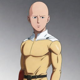 Draw a detailed image of the anime character Saitama from One Punch Man, in his standard outfit, with a neutral expression and his characteristic bald head.