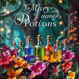 A vibrant fantasy book cover featuring an assortment of magical potions in intricate glass bottles with shimmering liquids, surrounded by an array of exotic plants and flowers in vivid colors