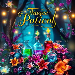 A vibrant fantasy book cover featuring an assortment of magical potions in intricate glass bottles with shimmering liquids, surrounded by an array of exotic plants and flowers in vivid colors
