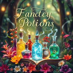A vibrant fantasy book cover featuring an assortment of magical potions in intricate glass bottles with shimmering liquids, surrounded by an array of exotic plants and flowers in vivid colors
