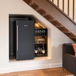 A stylish minibar located underneath a staircase, featuring a sleek 160cm tall gray refrigerator