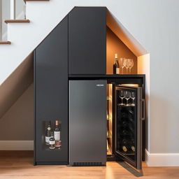 A stylish minibar located underneath a staircase, featuring a sleek 160cm tall gray refrigerator