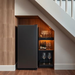 A stylish minibar located underneath a staircase, featuring a sleek 160cm tall gray refrigerator