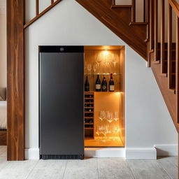 A stylish minibar located underneath a staircase, featuring a sleek 160cm tall gray refrigerator