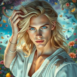 A stunning blonde man with piercing sky-blue eyes, exuding a fantasy vibe