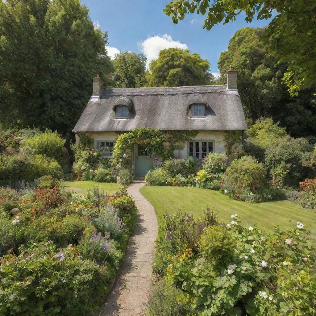 Produce an image of a charming cottage enveloped by lush gardens, sunlit and set against a stunning natural backdrop.