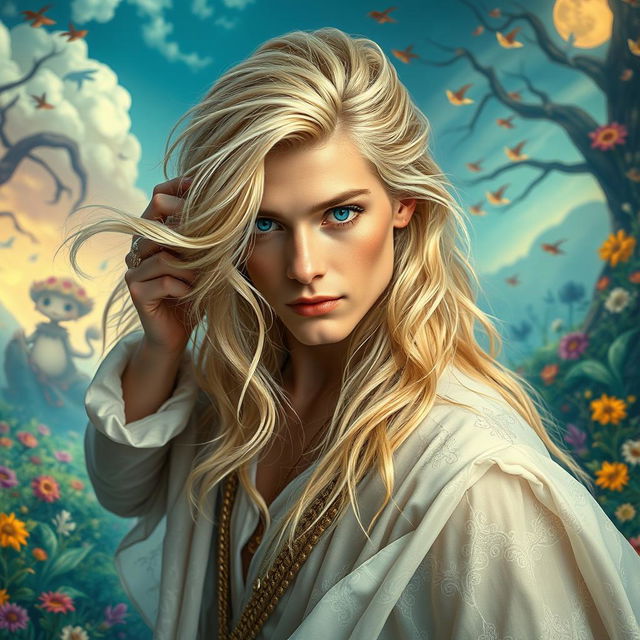 A stunning blonde man with piercing sky-blue eyes, exuding a fantasy vibe