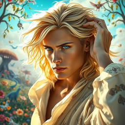 A stunning blonde man with piercing sky-blue eyes, exuding a fantasy vibe