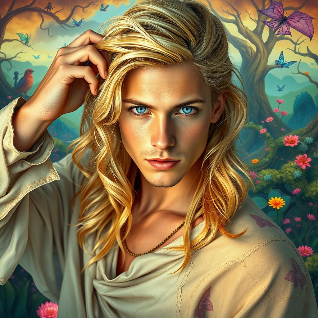 A stunning blonde man with piercing sky-blue eyes, exuding a fantasy vibe