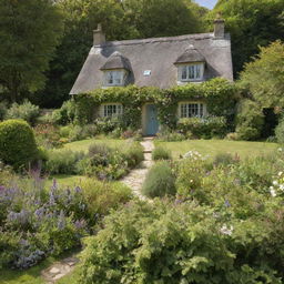 Produce an image of a charming cottage enveloped by lush gardens, sunlit and set against a stunning natural backdrop.