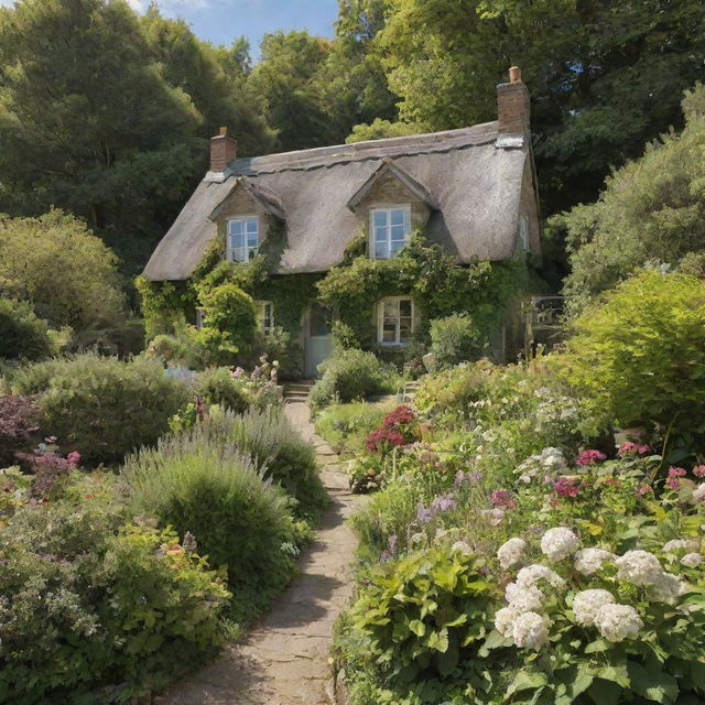 Produce an image of a charming cottage enveloped by lush gardens, sunlit and set against a stunning natural backdrop.