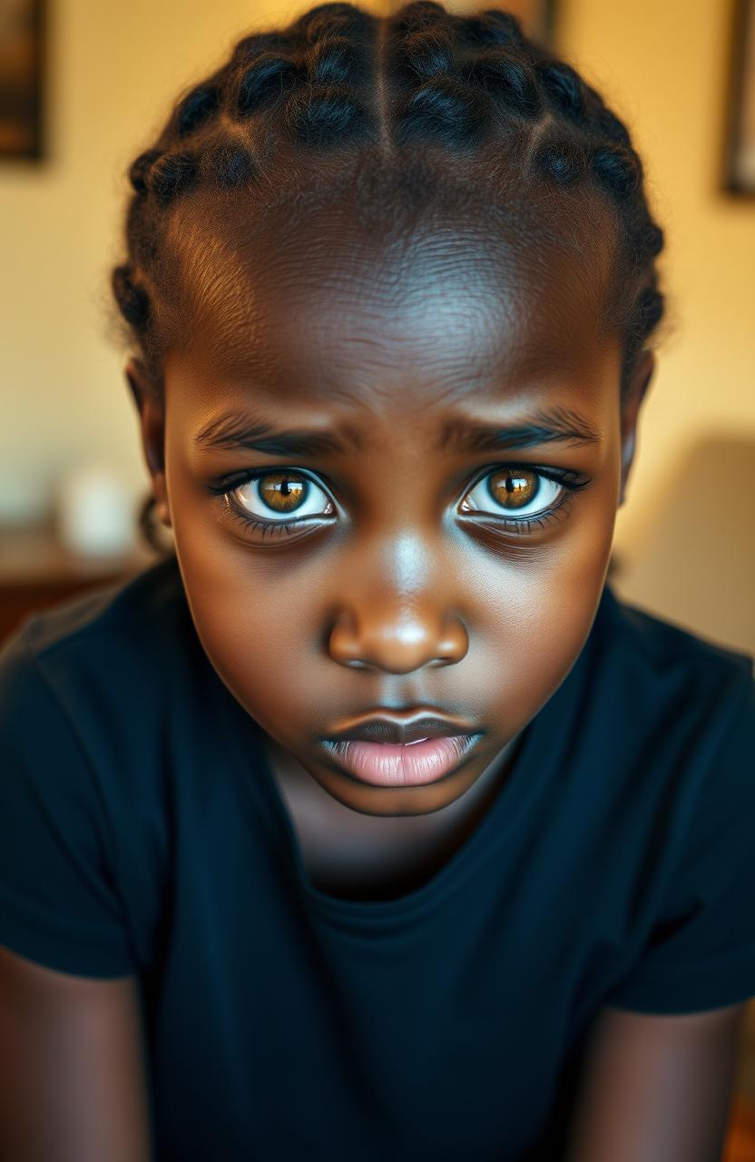 A beautiful African girl with light brown eyes, displaying a mix of arrogance and deep sadness