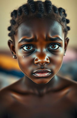 A beautiful African girl with light brown eyes, displaying a mix of arrogance and deep sadness