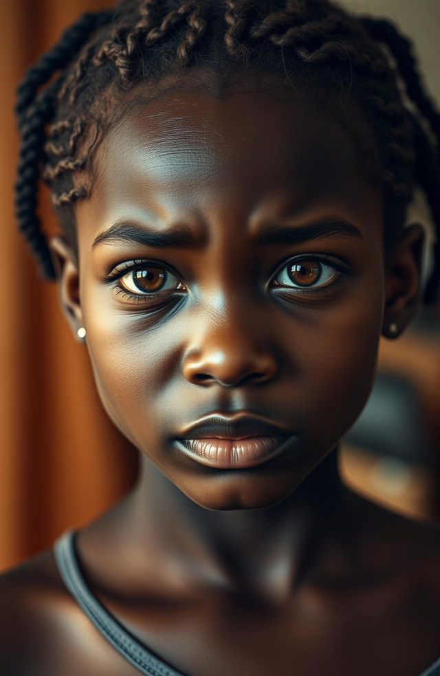 A beautiful African girl with light brown eyes, displaying a mix of arrogance and deep sadness