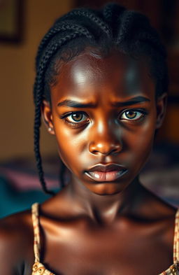 A beautiful African girl with light brown eyes, displaying a mix of arrogance and deep sadness