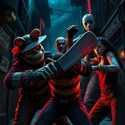 An intense and gritty YT thumbnail featuring Characters from Manhunt, including the stealthy protagonist James Earl Cash, desperately battling Freddy Fazbear from the FNAF series