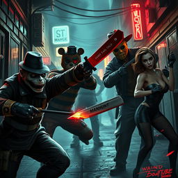 An intense and gritty YT thumbnail featuring Characters from Manhunt, including the stealthy protagonist James Earl Cash, desperately battling Freddy Fazbear from the FNAF series
