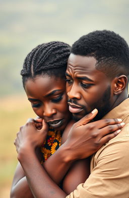 A beautiful African woman with light brown eyes in tears, being comforted by a Black man