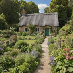 Produce an image of a charming cottage enveloped by lush gardens, sunlit and set against a stunning natural backdrop.