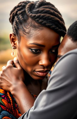 A beautiful African woman with light brown eyes in tears, being comforted by a Black man