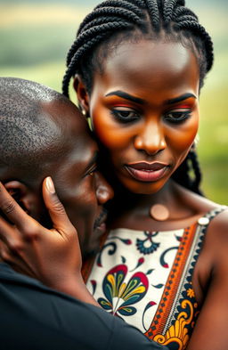 A beautiful African woman with light brown eyes in tears, being comforted by a Black man