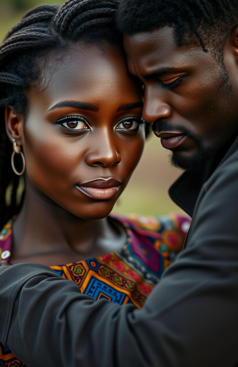 A beautiful African woman with light brown eyes in tears, being comforted by a Black man