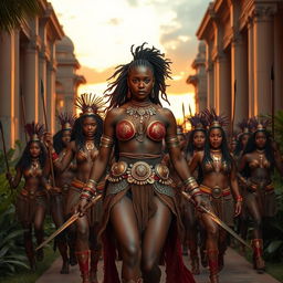 A powerful and sexy black female African warrior in ornate battle attire, adorned with intricate tribal jewelry, leading a stunning army of equally attractive warriors, all showcasing defined physiques