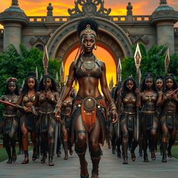A powerful and sexy black female African warrior in ornate battle attire, adorned with intricate tribal jewelry, leading a stunning army of equally attractive warriors, all showcasing defined physiques