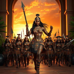 A powerful and sexy black female African warrior in ornate battle attire, adorned with intricate tribal jewelry, leading a stunning army of equally attractive warriors, all showcasing defined physiques