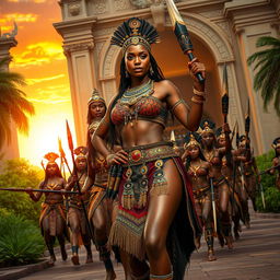 A powerful and sexy black female African warrior in ornate battle attire, adorned with intricate tribal jewelry, leading a stunning army of equally attractive warriors, all showcasing defined physiques