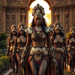 A strikingly sexy black African female warrior dressed in elaborate traditional armor, leading a captivating army of equally sexy female warriors