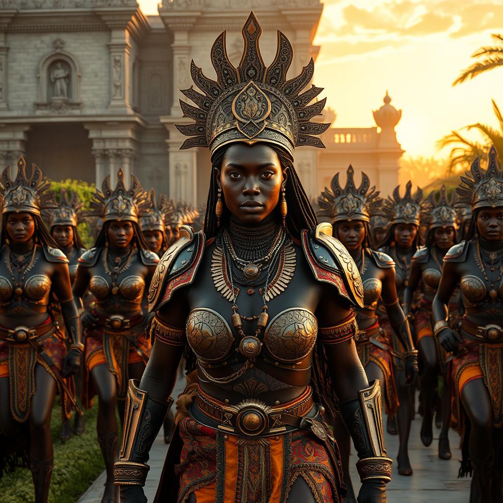 A strikingly sexy black African female warrior dressed in elaborate traditional armor, leading a captivating army of equally sexy female warriors